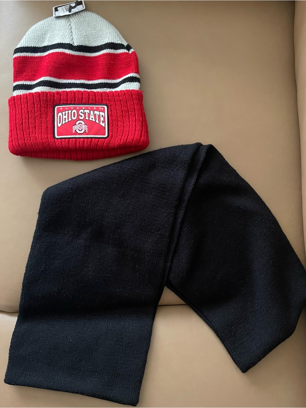 Ohio State Buckeyes Beanie with Black Scarf Set